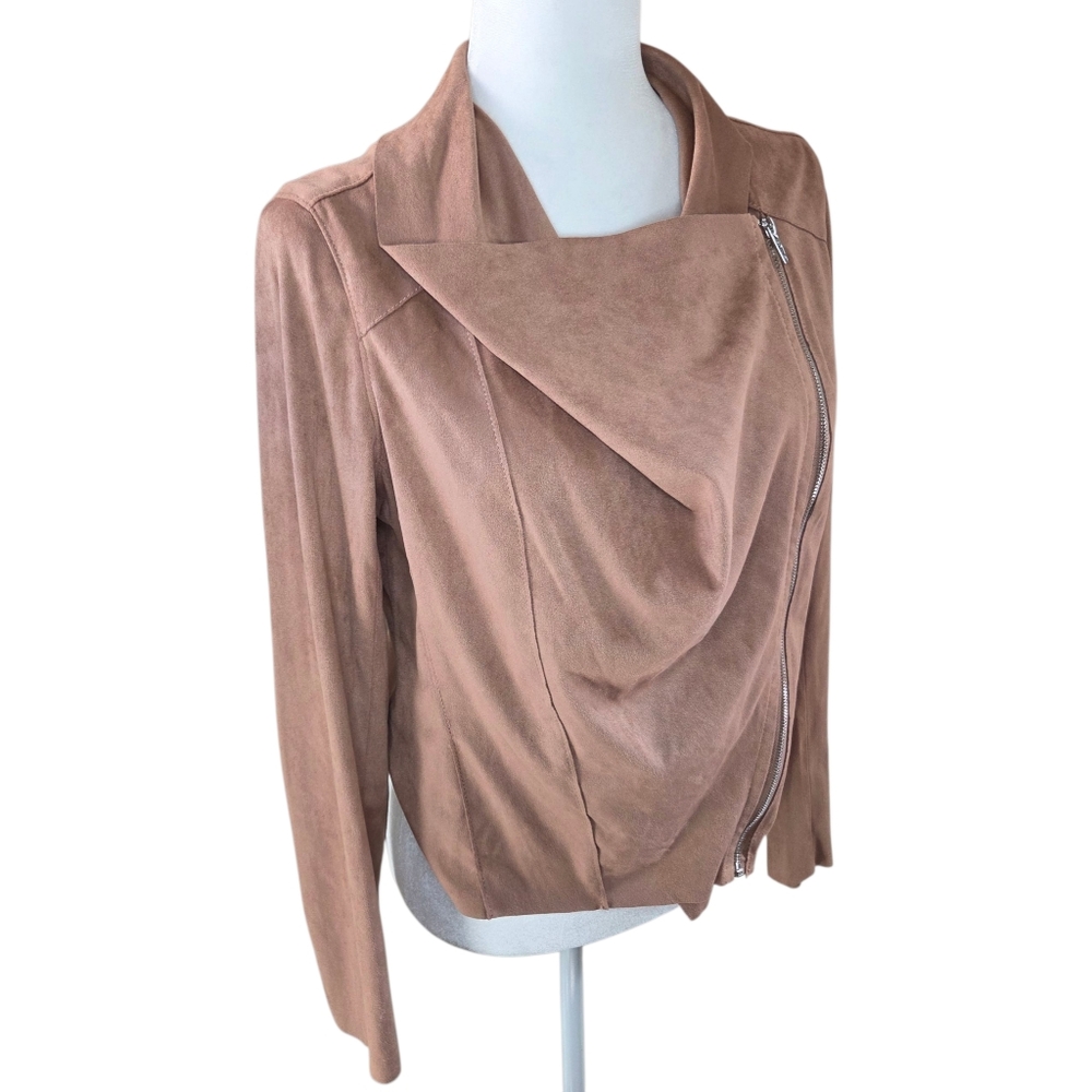BlankNYC Tan Faux Suede Moto Jacket Draped Asymmetrical Zip Size Medium - Picture 6 of 14